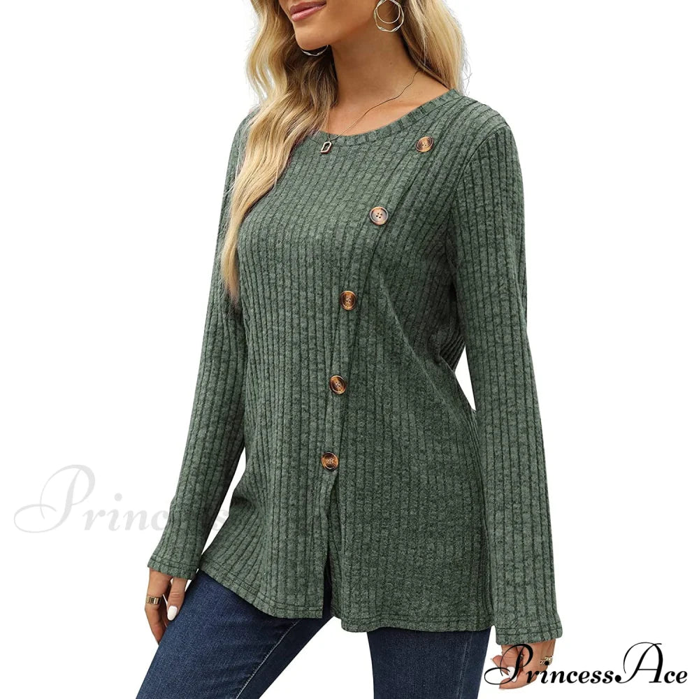 Arm Crew For Top With Neck Buttons Side Long Tunic Women