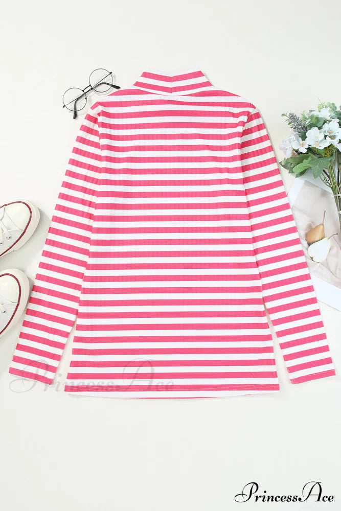Arm Design Long Textured Pink Knit Striped Tee Tops
