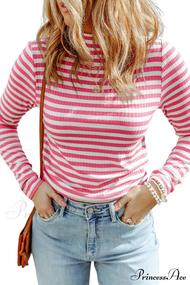 Arm Design Long Textured Pink Knit Striped Tee Tops
