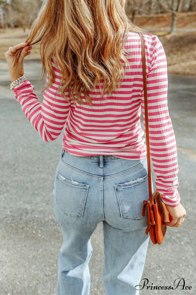 Arm Design Long Textured Pink Knit Striped Tee Tops
