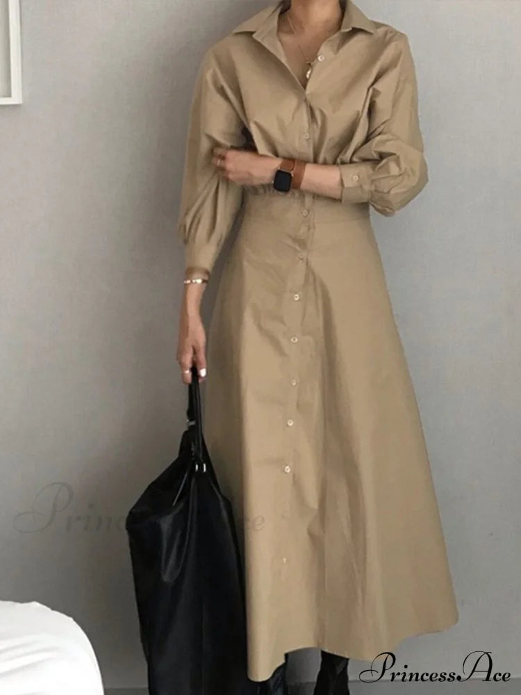 Arm Full-Length Vestidos Casual Female Robe Lapel Gown A Line Blouse Fashion Long Solid Oversized