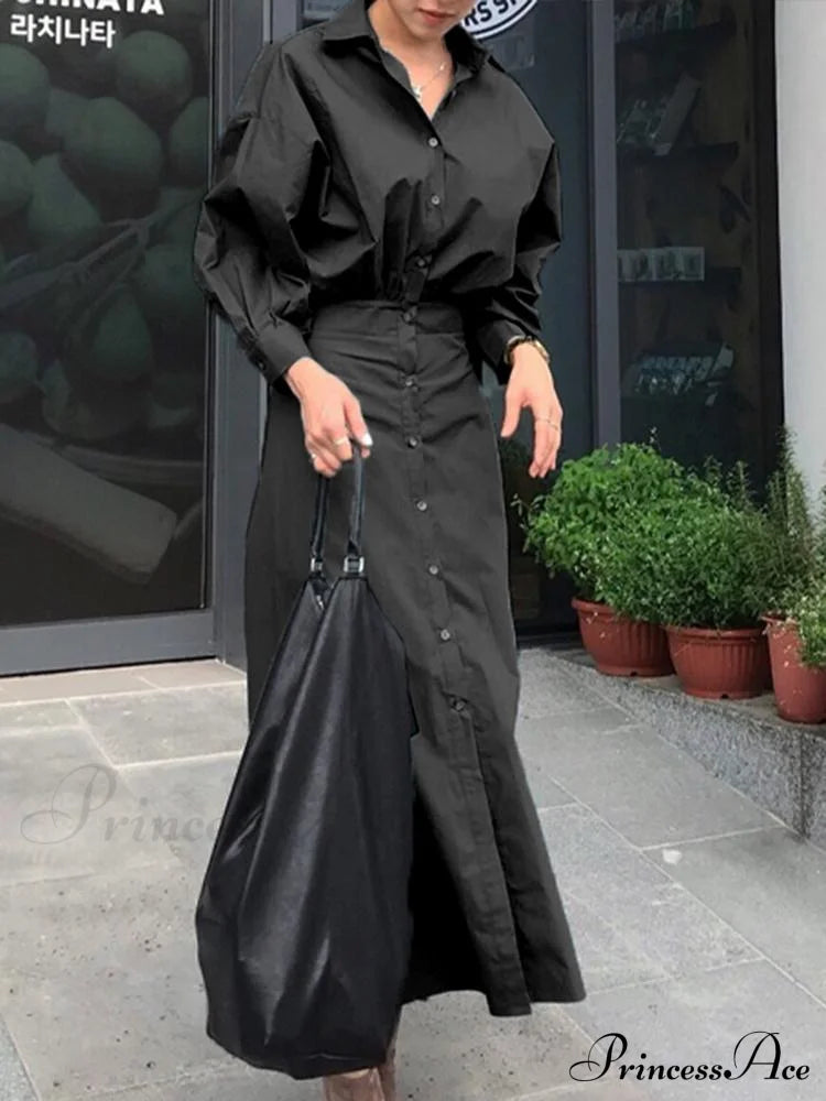 Arm Full-Length Vestidos Casual Female Robe Lapel Gown A Line Blouse Fashion Long Solid Oversized