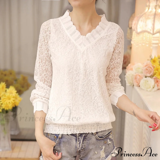 Arm Size Temperament Women’s Autumn 1066 V-Neck Sweet Long Slim Bottom Blouse Lace Fit - 40 M /