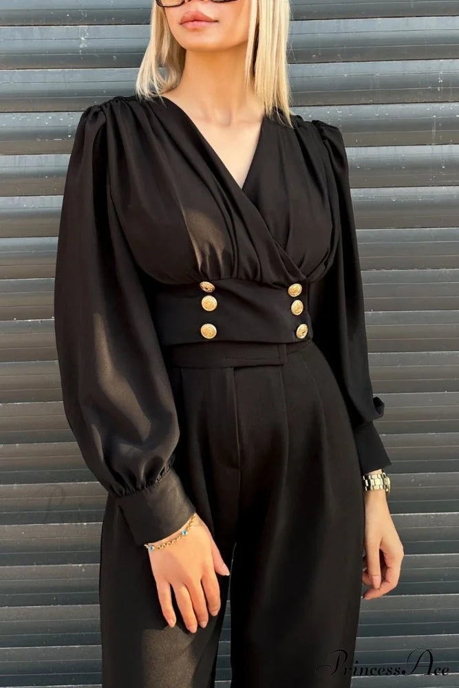 Arm Smocked Puff Neck V Top Black / S Blouses