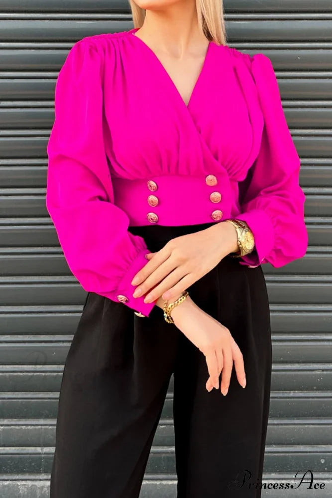 Arm Smocked Puff Neck V Top Rose / S Blouses