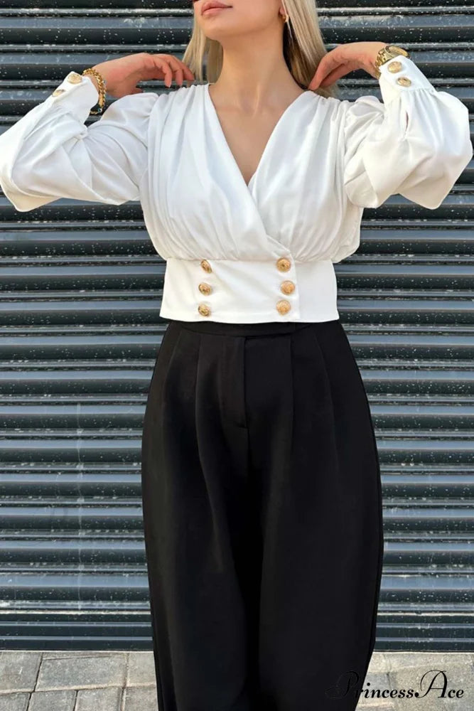 Arm Smocked Puff Neck V Top White / S Blouses