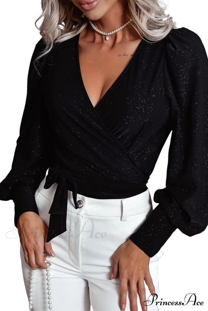 Arm Tie V Hem Black Glitter Neck Puff Wrap Top Tops