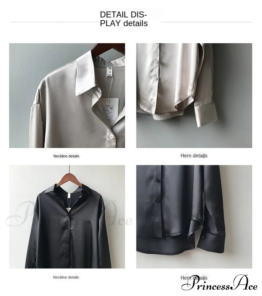 Arm Vintage Ladies Satin Korean Office Long Blouse Button Up Silk Elegant White Tops