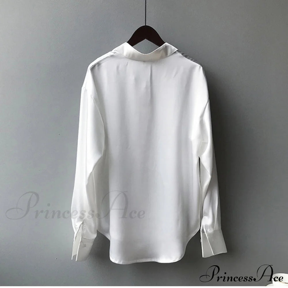 Arm Vintage Ladies Satin Korean Office Long Blouse Button Up Silk Elegant White Tops
