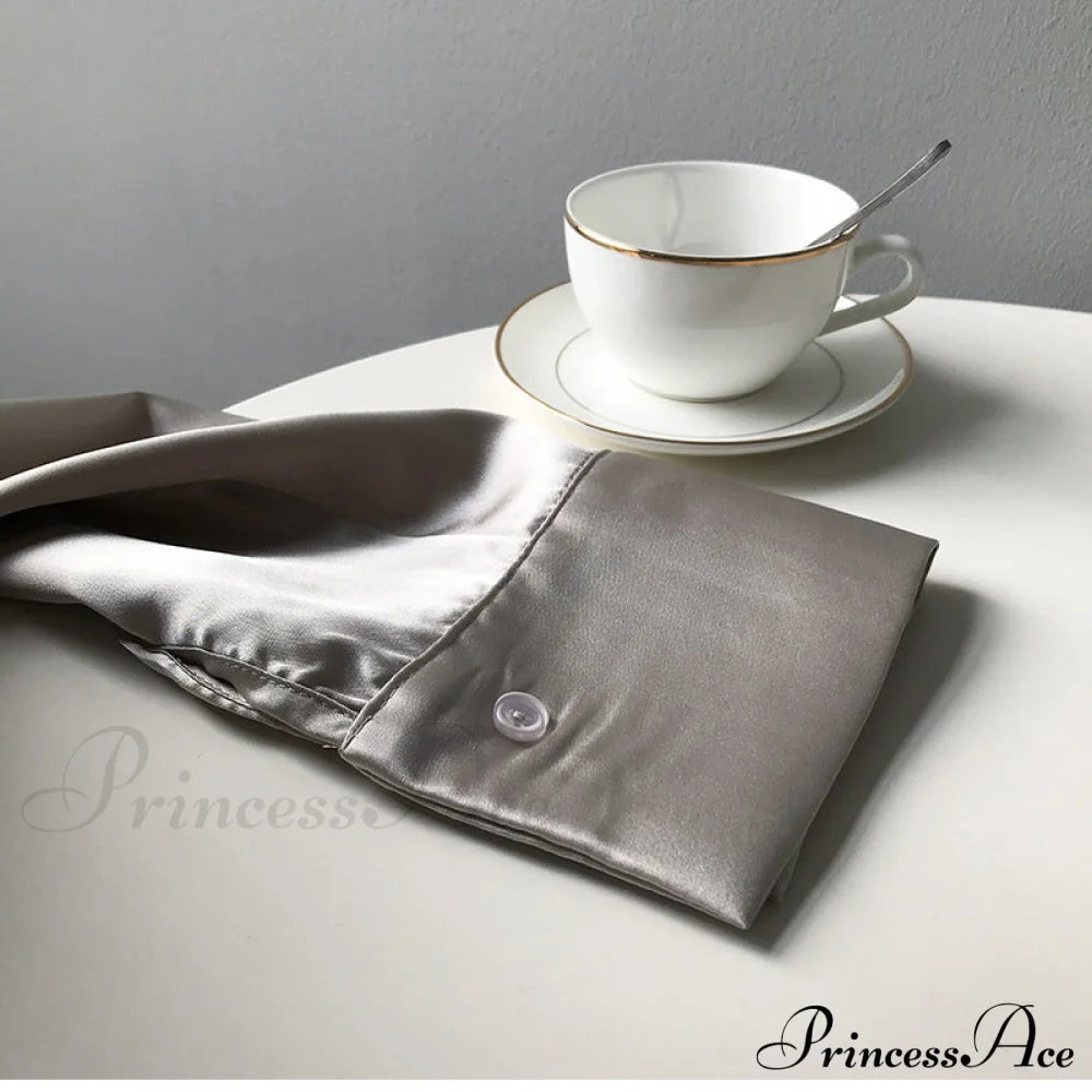 Arm Vintage Ladies Satin Korean Office Long Blouse Button Up Silk Elegant White Tops