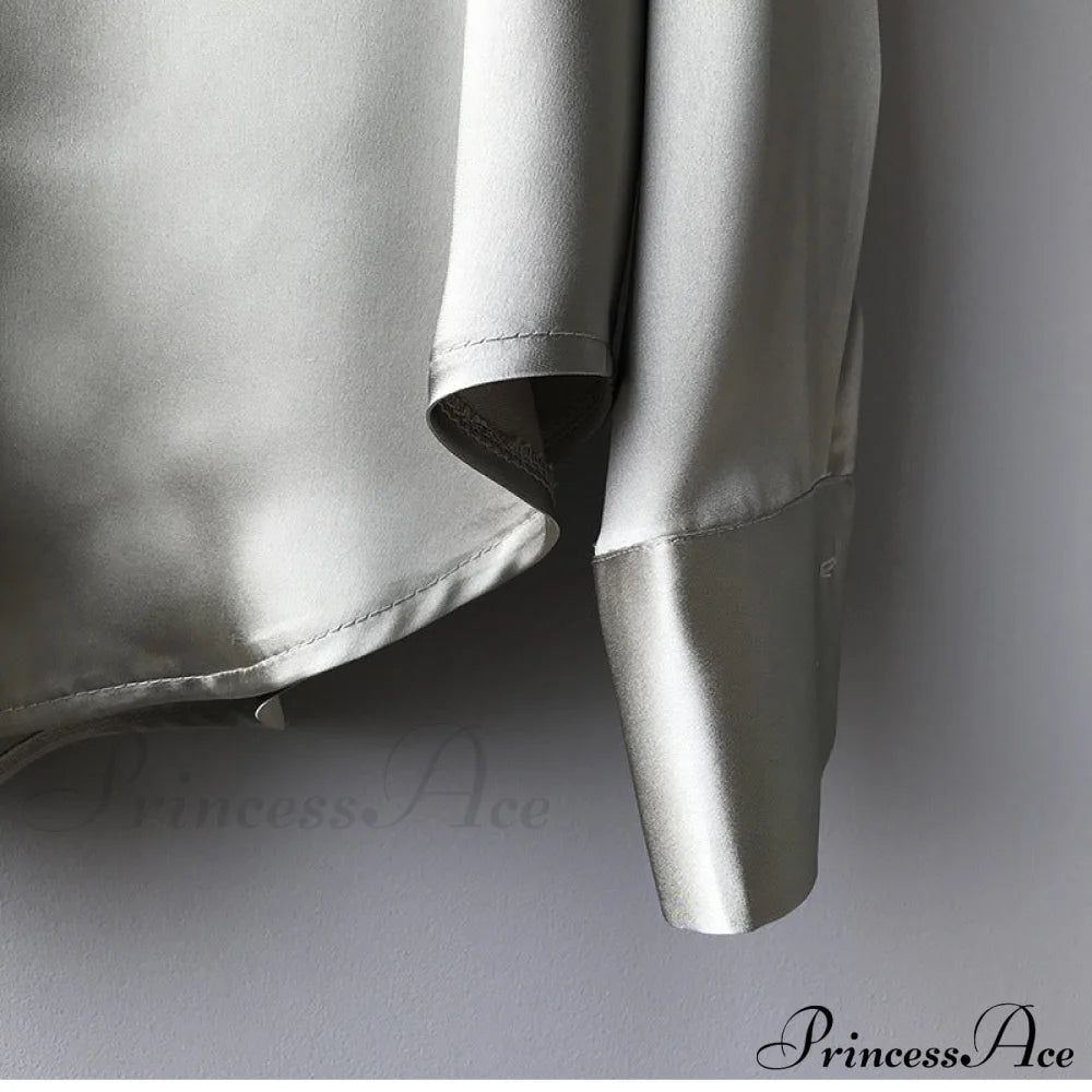 Arm Vintage Ladies Satin Korean Office Long Blouse Button Up Silk Elegant White Tops