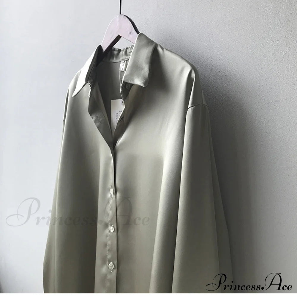 Arm Vintage Ladies Satin Korean Office Long Blouse Button Up Silk Elegant White Tops