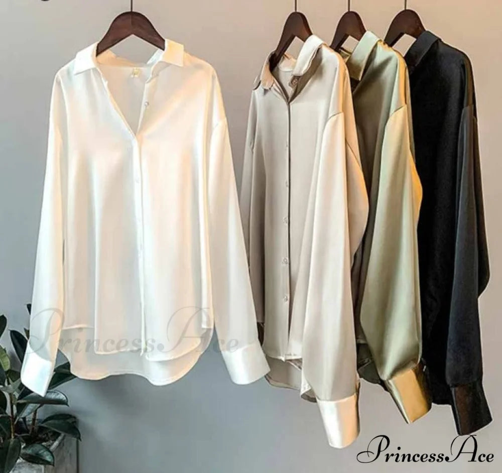 Arm Vintage Ladies Satin Korean Office Long Blouse Button Up Silk Elegant White Tops
