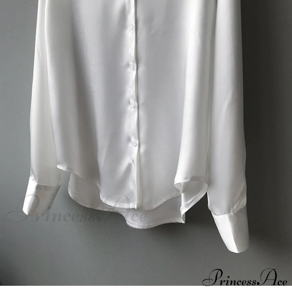 Arm Vintage Ladies Satin Korean Office Long Blouse Button Up Silk Elegant White Tops