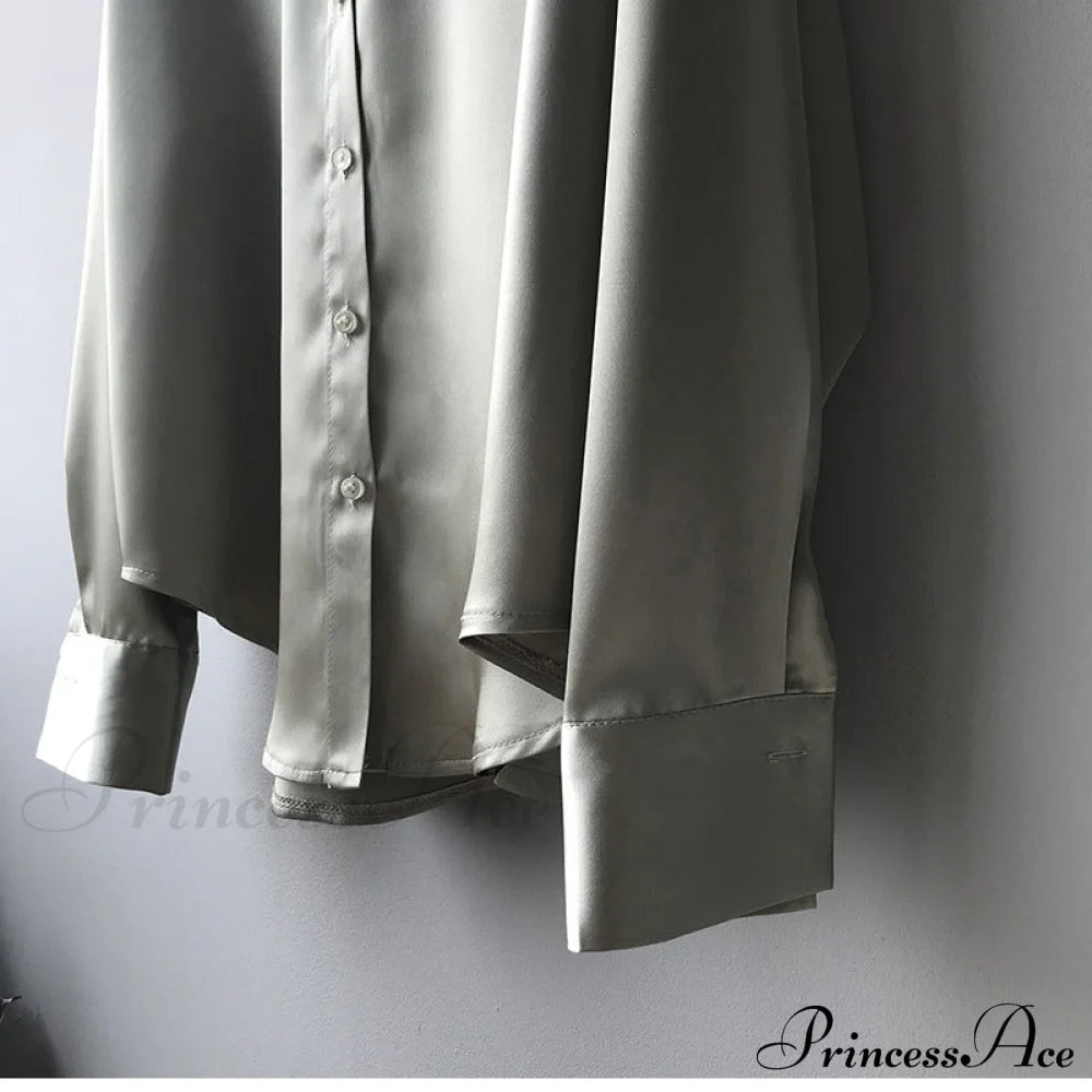 Arm Vintage Ladies Satin Korean Office Long Blouse Button Up Silk Elegant White Tops