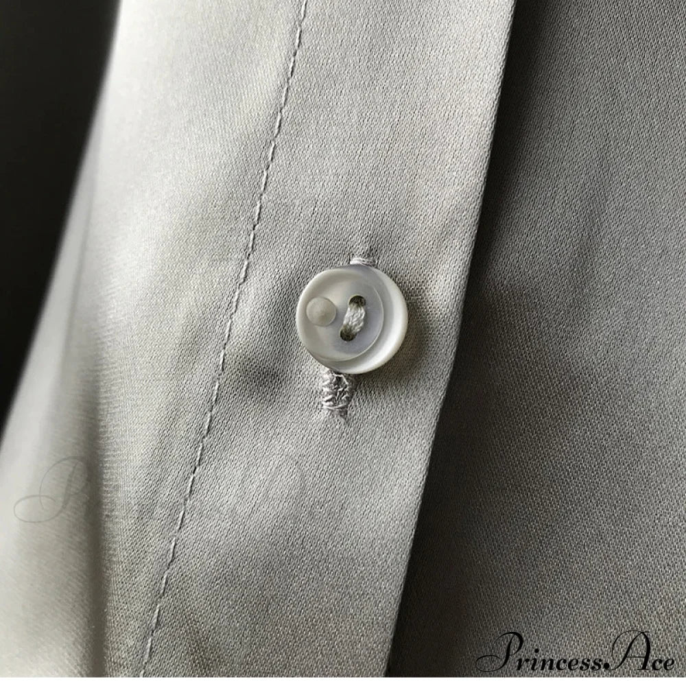 Arm Vintage Ladies Satin Korean Office Long Blouse Button Up Silk Elegant White Tops