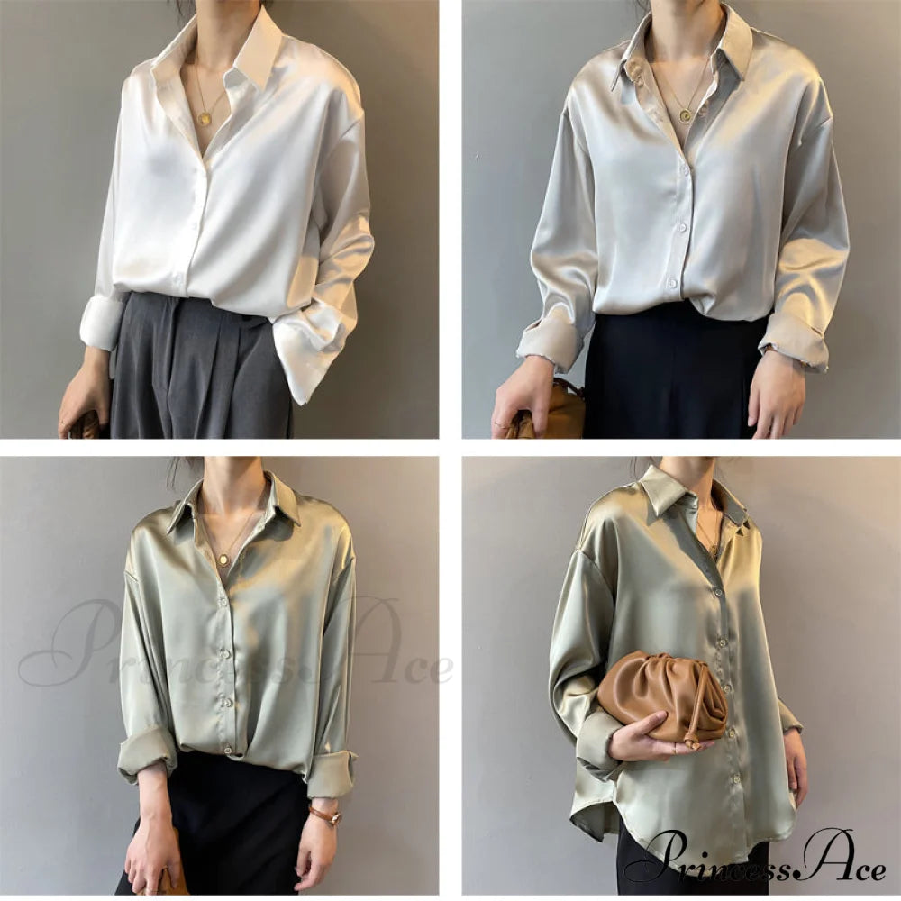 Arm Vintage Ladies Satin Korean Office Long Blouse Button Up Silk Elegant White Tops