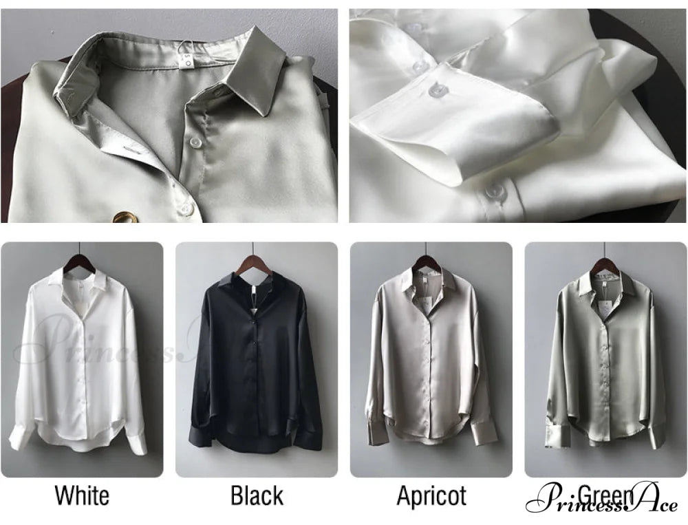 Arm Vintage Ladies Satin Korean Office Long Blouse Button Up Silk Elegant White Tops