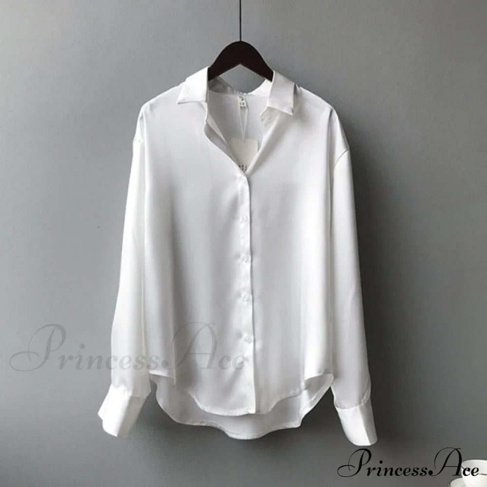 Arm Vintage Ladies Satin Korean Office Long Blouse Button Up Silk Elegant White Tops S /