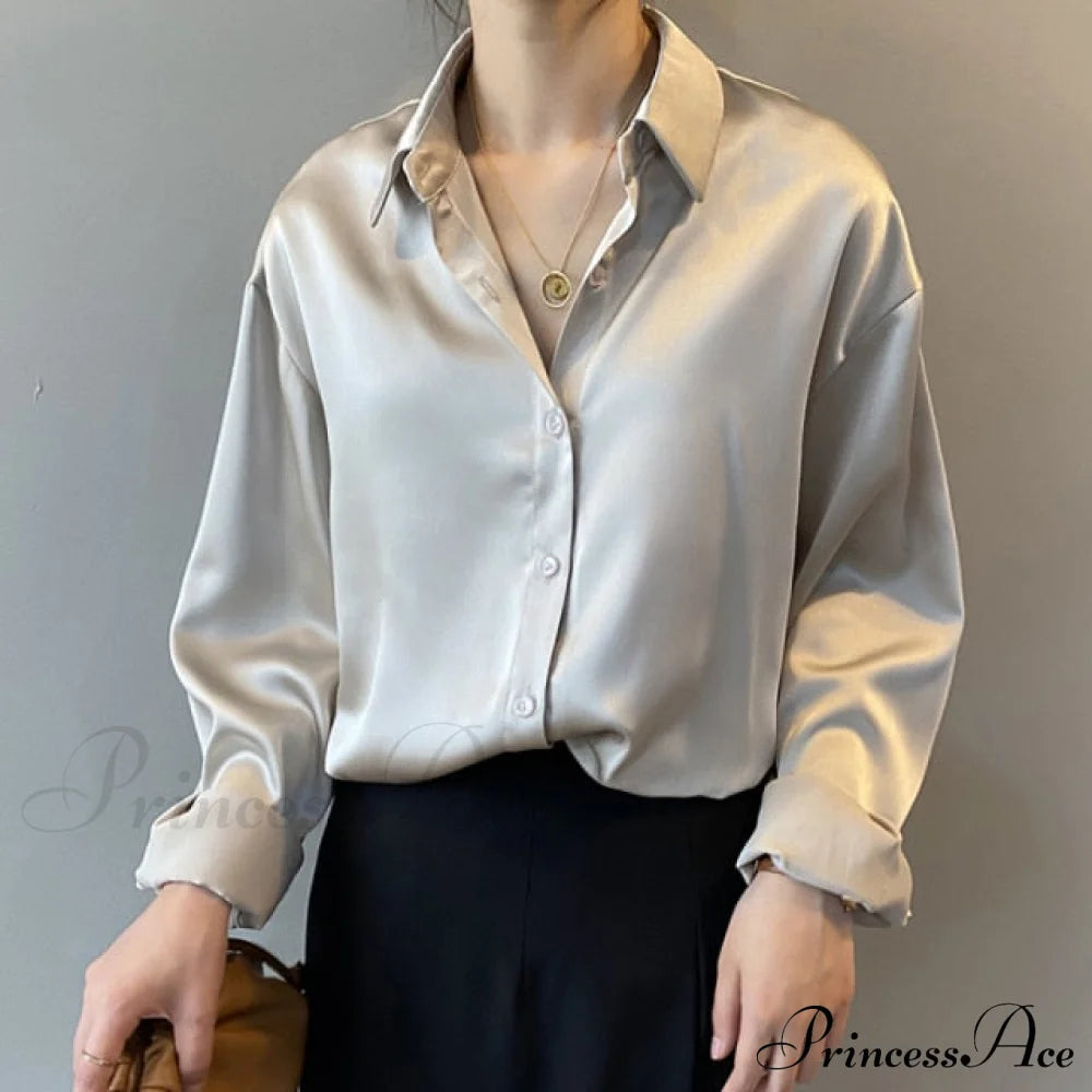 Arm Vintage Ladies Satin Korean Office Long Blouse Button Up Silk Elegant White Tops S / Apricot