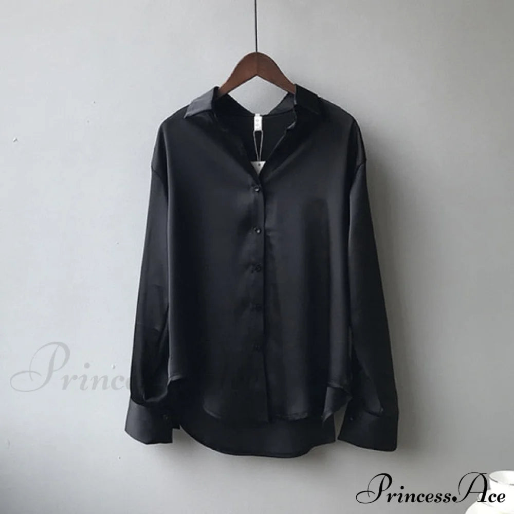 Arm Vintage Ladies Satin Korean Office Long Blouse Button Up Silk Elegant White Tops S / Black