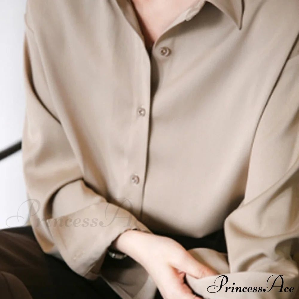 Arm Vintage Ladies Satin Korean Office Long Blouse Button Up Silk Elegant White Tops S / Champagne