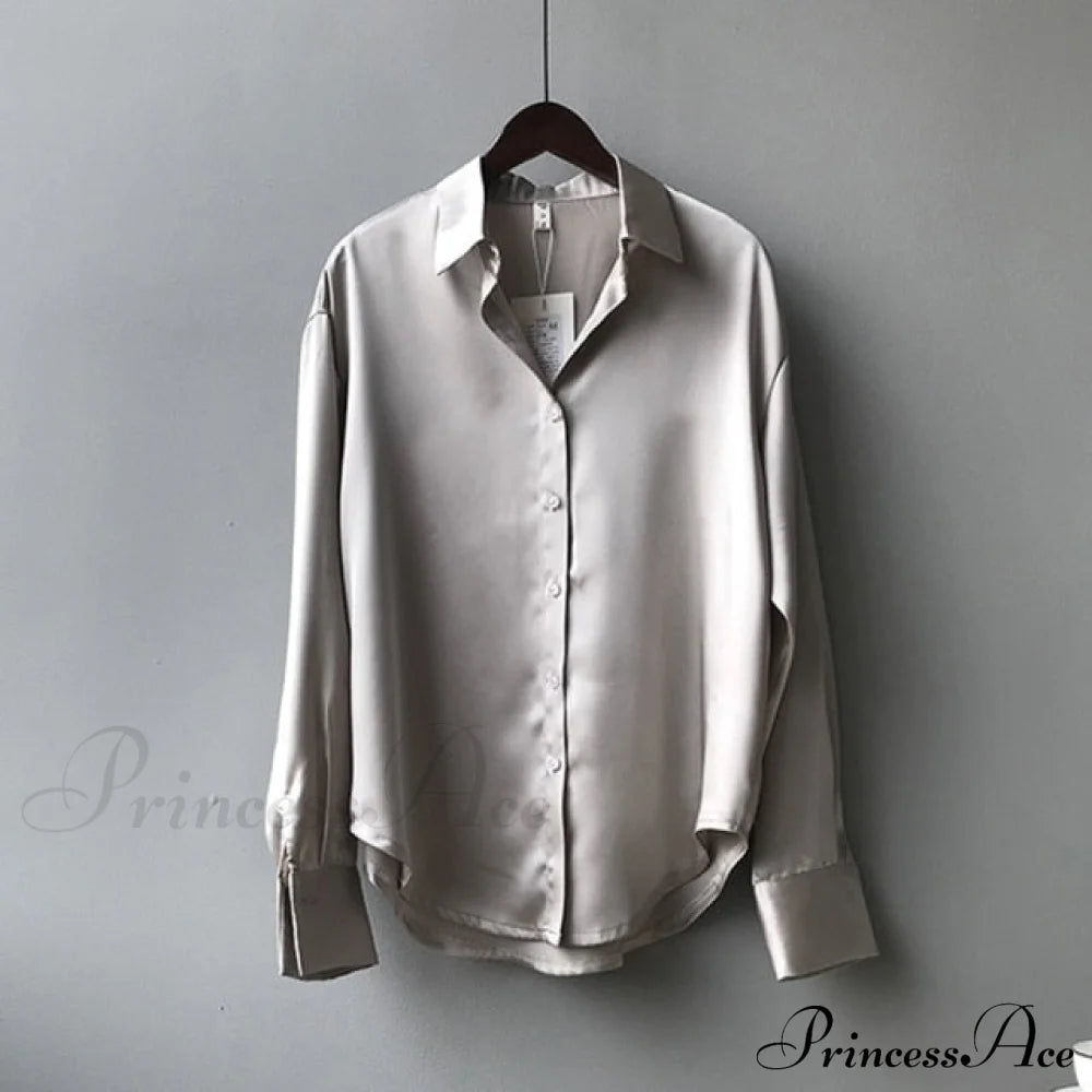 Arm Vintage Ladies Satin Korean Office Long Blouse Button Up Silk Elegant White Tops S / Gray