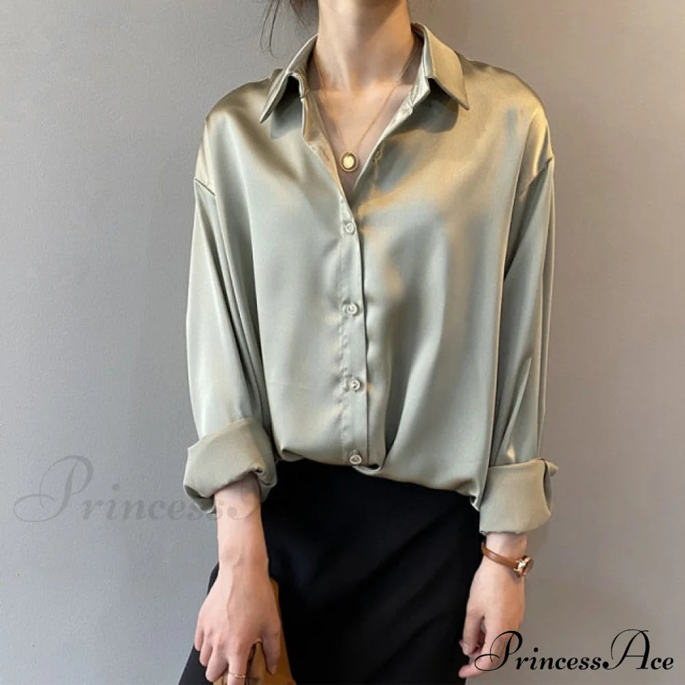 Arm Vintage Ladies Satin Korean Office Long Blouse Button Up Silk Elegant White Tops S / Green