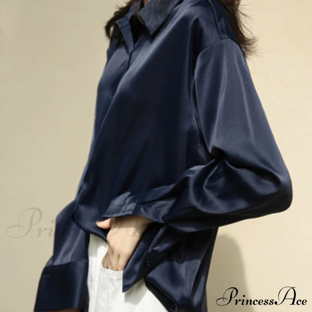 Arm Vintage Ladies Satin Korean Office Long Blouse Button Up Silk Elegant White Tops S / Royal Blue