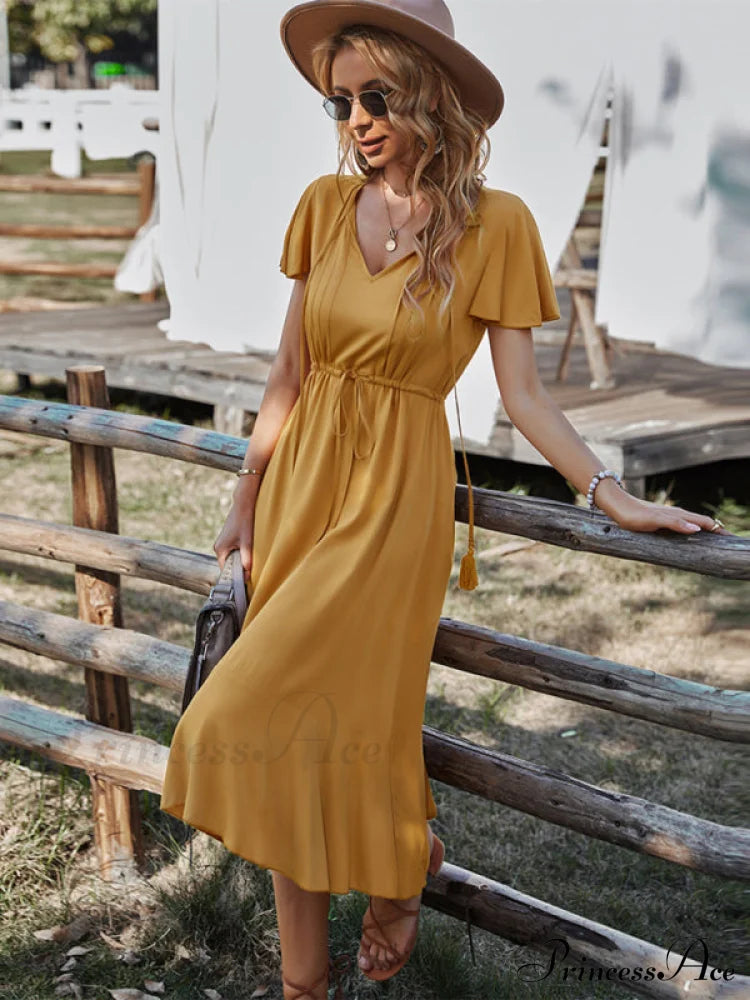 Arm Women For Gown Size Woven V-Neck A-Line Swing Brief Large Women’s Short Sleeve Midi Dress