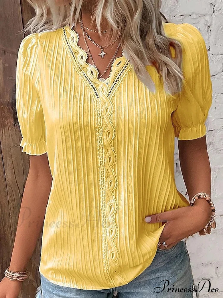 Arm Yellow-Green Lace Blouse White V-Neck Brief Women’s Violets Casual Gold / S