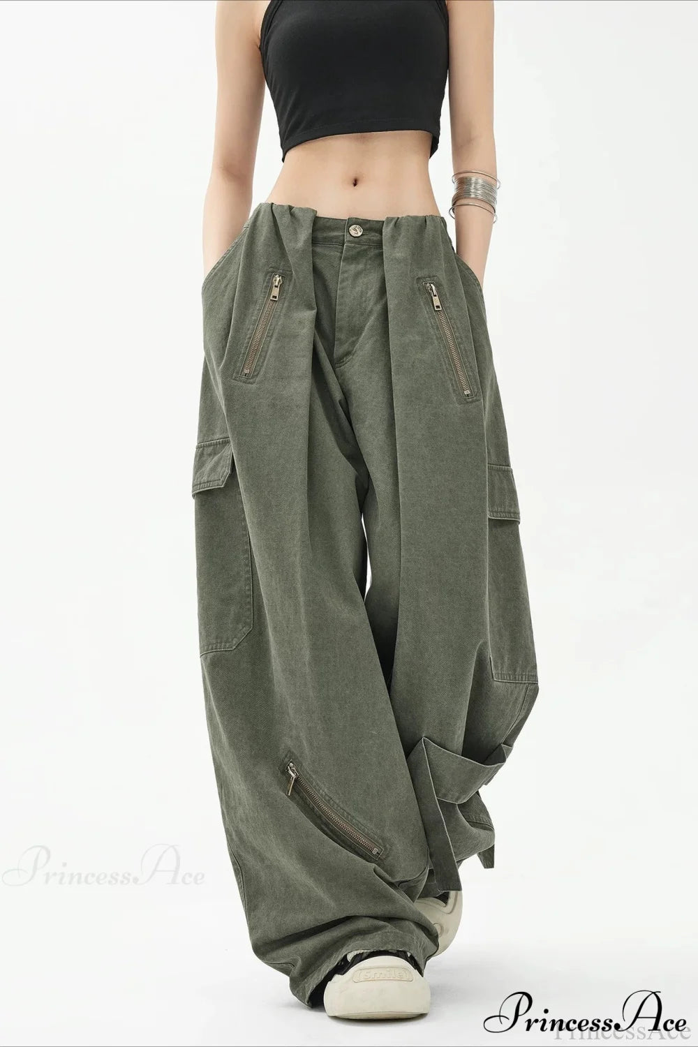 Army Green Parachute High Waist Loose Cargo Pants Army Green / S