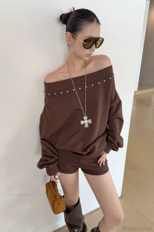 Asym Off-Shoulder Rivet Loose Sweatshirt Brown / One Size
