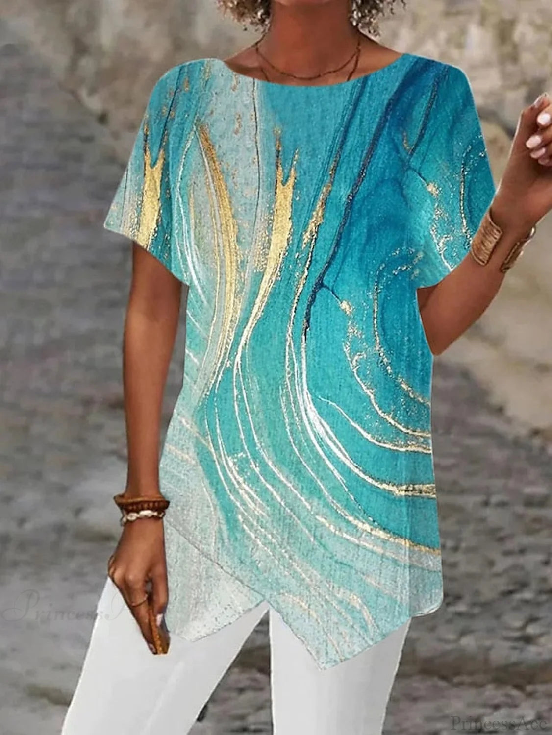 Asymmetric Blouse - Design Women’s Abstract Graphic Silver/Black/White Blue / S