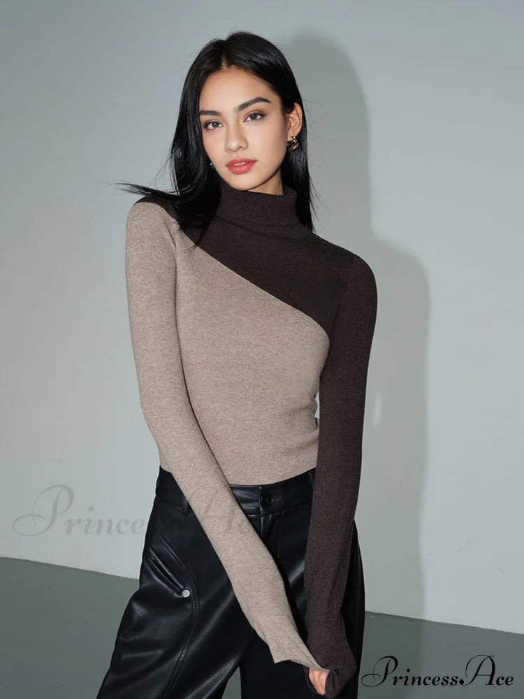 Asymmetric Patchwork Long Sleeve Modern Mock Neck Knit Top Khaki / Xs Sweaters-L