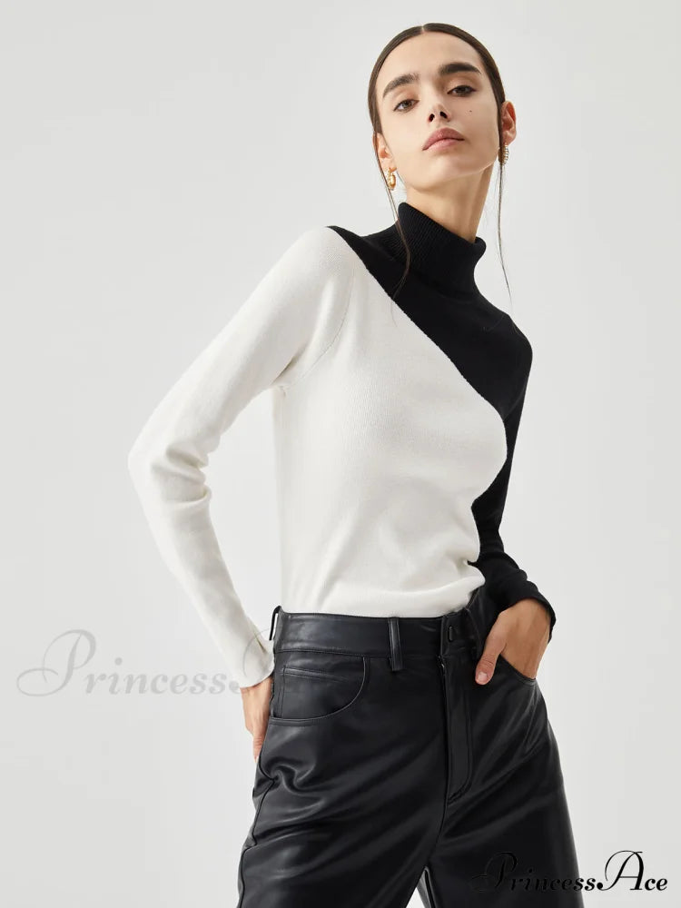 Asymmetric Patchwork Long Sleeve Modern Mock Neck Knit Top Sweaters-L