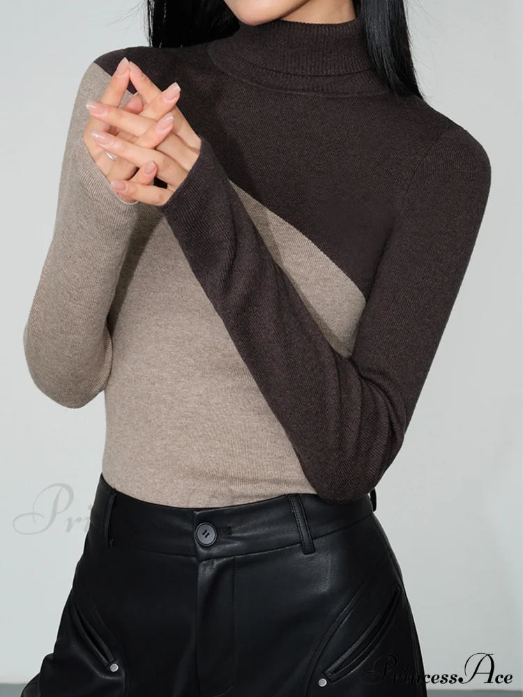 Asymmetric Patchwork Long Sleeve Modern Mock Neck Knit Top Sweaters-L