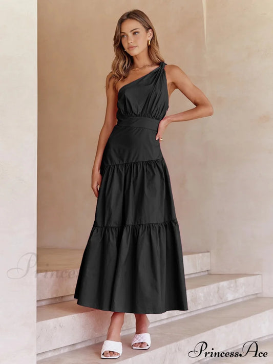 Asymmetric Shoulder Graceful Knotted Midi Dress Black / Xs Dresses