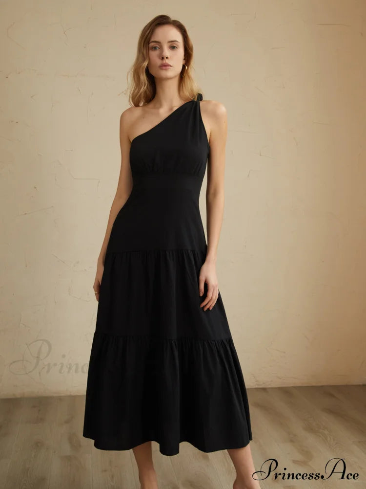 Asymmetric Shoulder Graceful Knotted Midi Dress Dresses