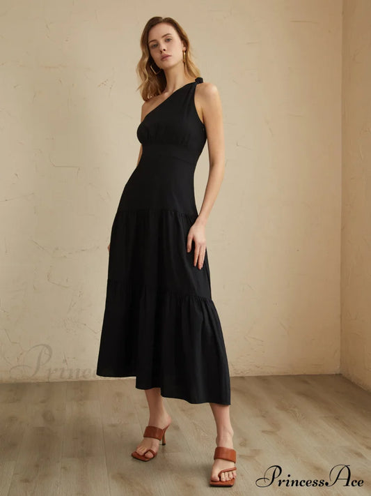Asymmetric Shoulder Graceful Knotted Midi Dress Dresses