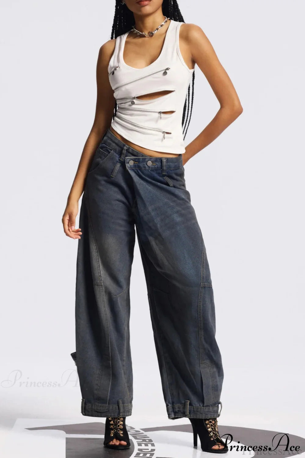 Asymmetric Waist Washed Low Waist Flare Wide Leg Jeans