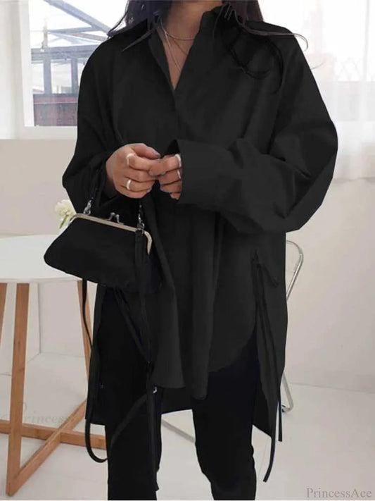 Asymmetrical Lace-Up Button Lapel Blouse blouse-250126