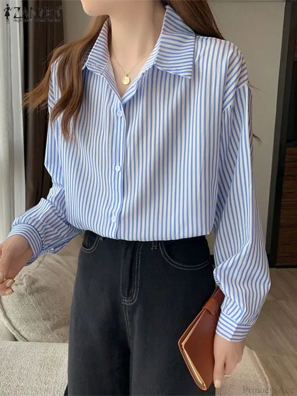 Asymmetrical Lace-Up Button Lapel Blouse Blue2 / S blouse-250126
