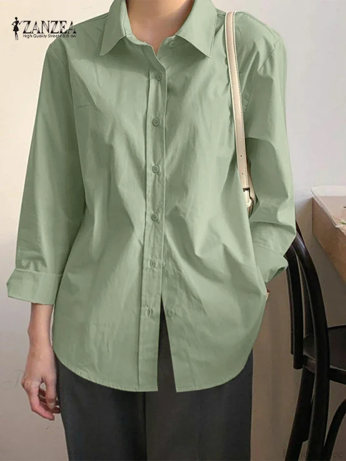 Asymmetrical Lace-Up Button Lapel Blouse Green1 / S blouse-250126