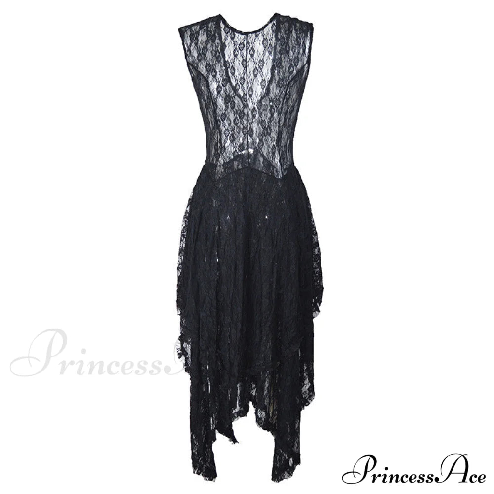 Asymmetrical Layered Lace Long Dress With Backless Design M / Gray White Lace High Low Dres