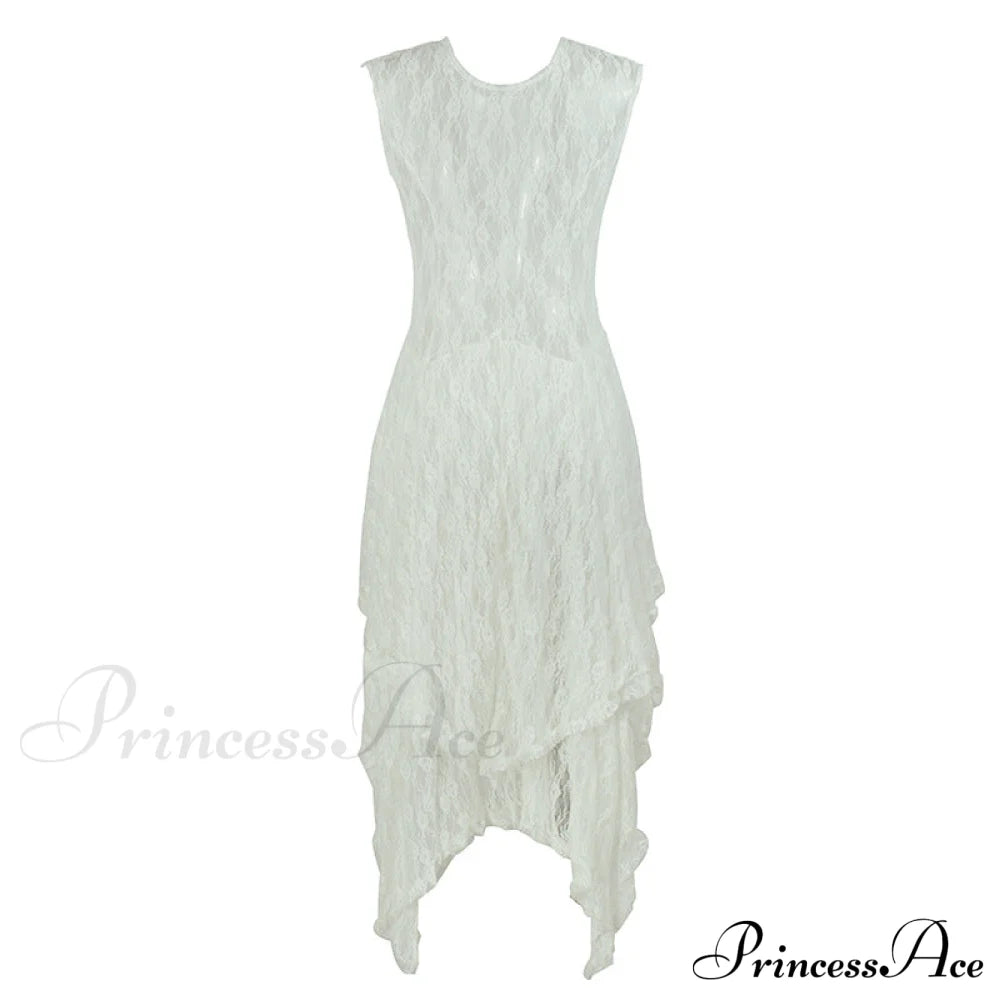 Asymmetrical Layered Lace Long Dress With Backless Design S / Gray White Lace High Low Dres