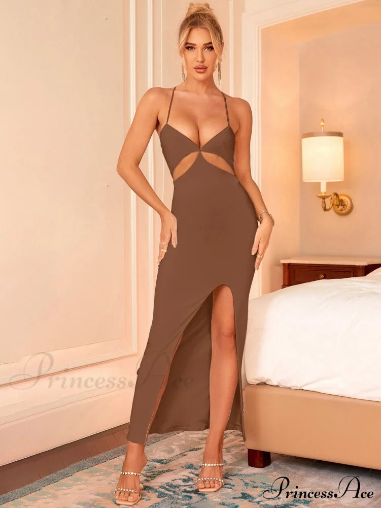 Asymmetrical Neck Glitter Trendy Strap Cut Out Dress Brown / Xs Dresses