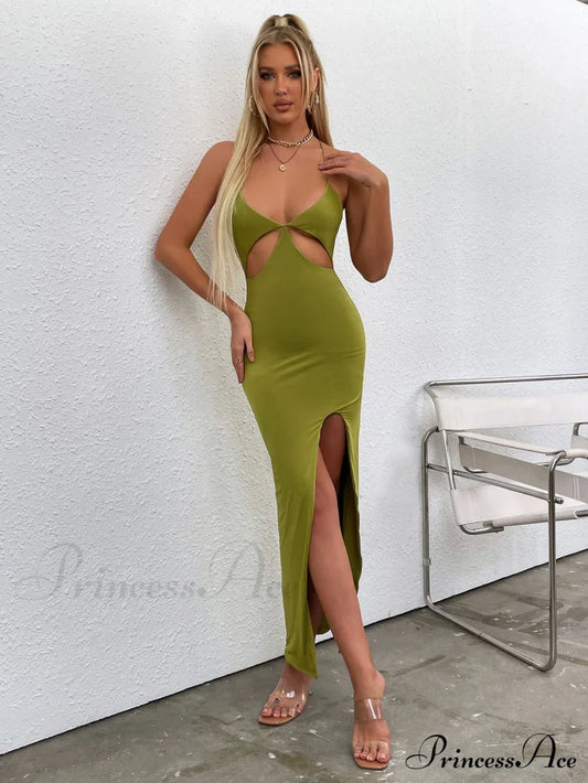 Asymmetrical Neck Glitter Trendy Strap Cut Out Dress Olive / Xs Dresses