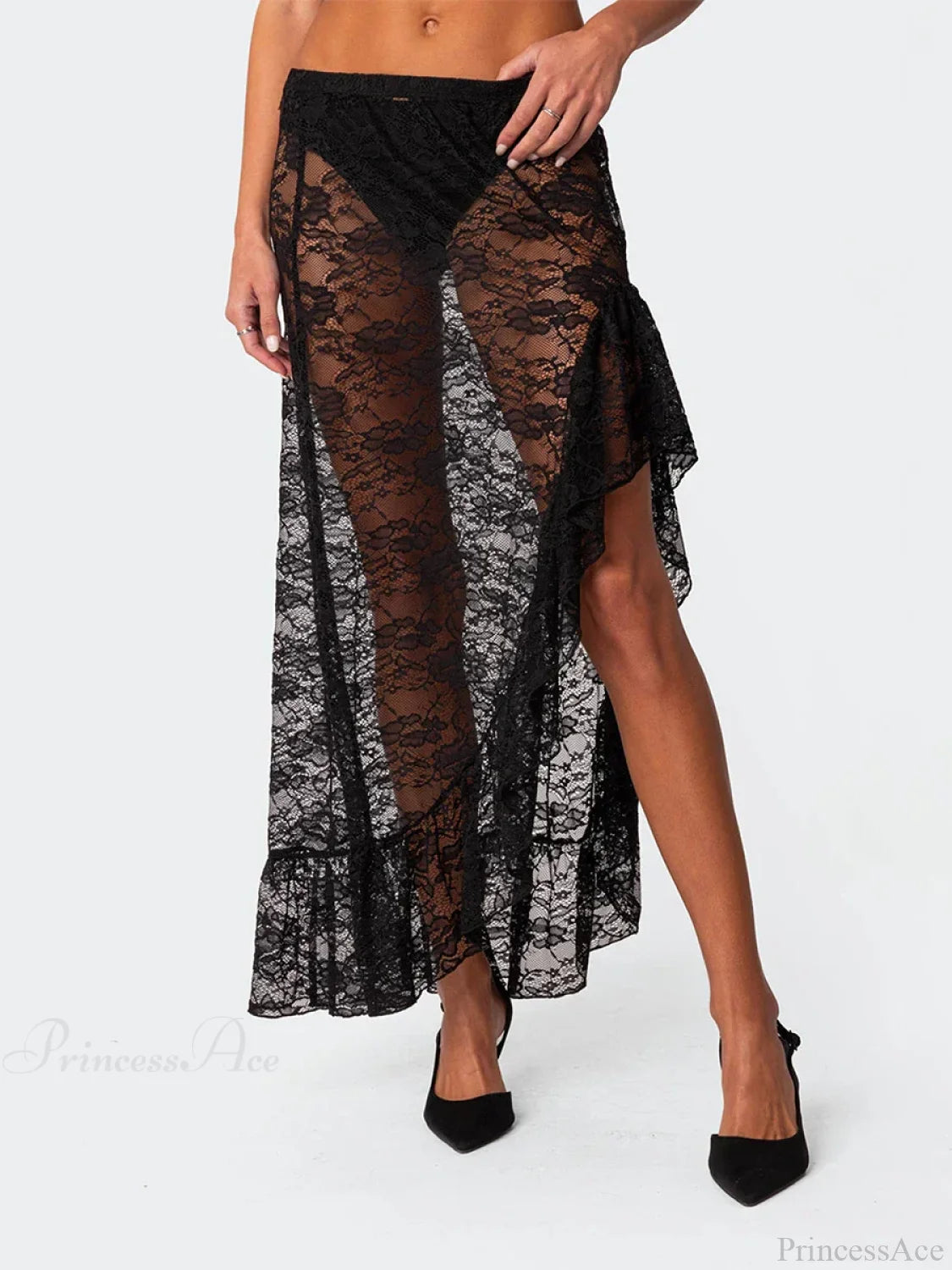 Asymmetrical Ruffle Lace Bodycon Summer Beach Y2K Long Skirt skirt-250126