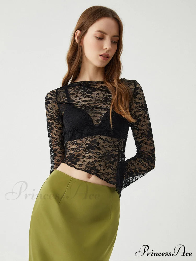 Asymmetrical Sheer Lace Trendy Long Sleeve Top Black / S T-Shirts